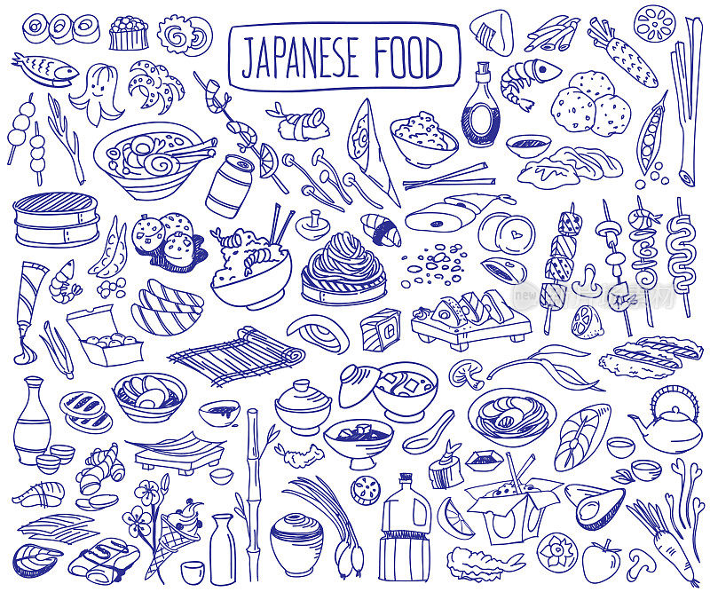 日本料理涂鸦套装。传统的食物和饮料。