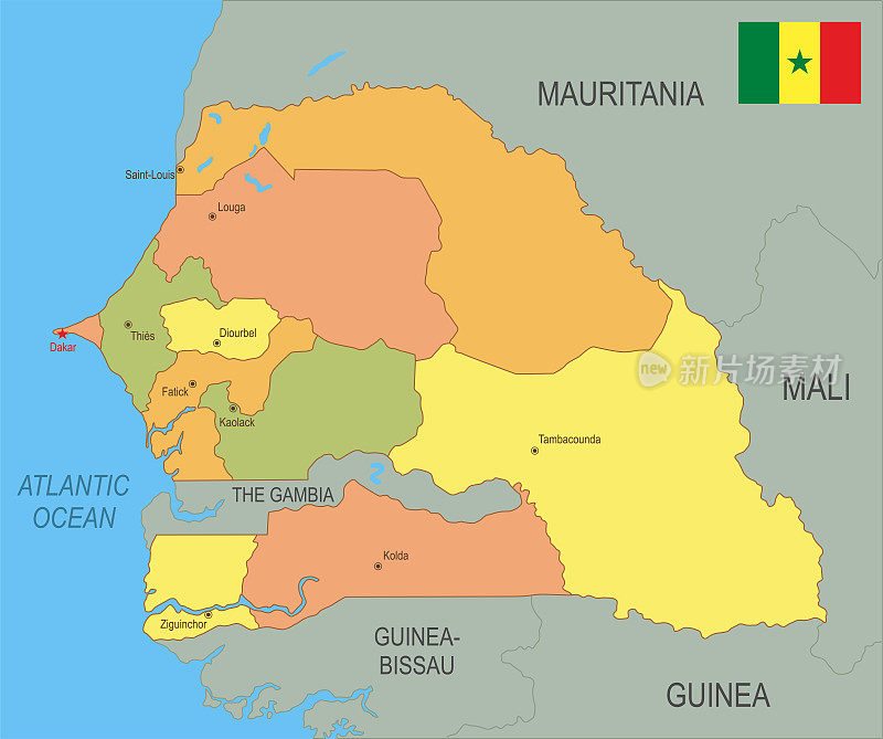 带有旗帜的塞内加尔平面地图