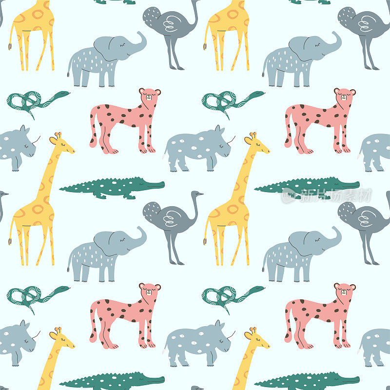 手绘无缝图案背景与可爱的非洲动物蛇，犀牛，长颈鹿，大象，鸸鹋，猎豹，鳄鱼。适用于儿童服装、纺织品、面料、育婴装饰、包装纸。