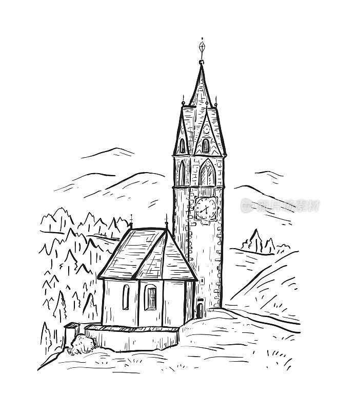圣巴巴拉教堂，位于阿尔塔巴迪亚的拉瓦莱村。意大利、欧洲。南蒂罗尔。手绘矢量图与山上的教堂。黑线孤立在白线上。复古的设计