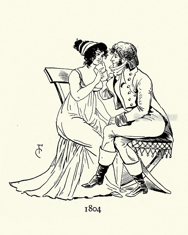 19世纪，一对年轻夫妇坐在一起亲热