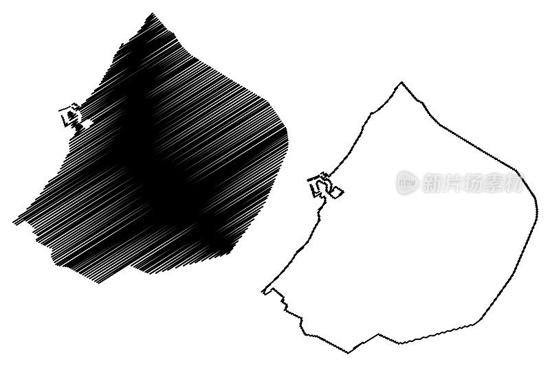 班加西城(利比亚国，昔兰尼加地区)地图矢量插图，潦草素描班加西城地图