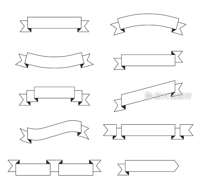 一套丝带，横幅(轮廓，线条艺术)-设计元素在白色的背景