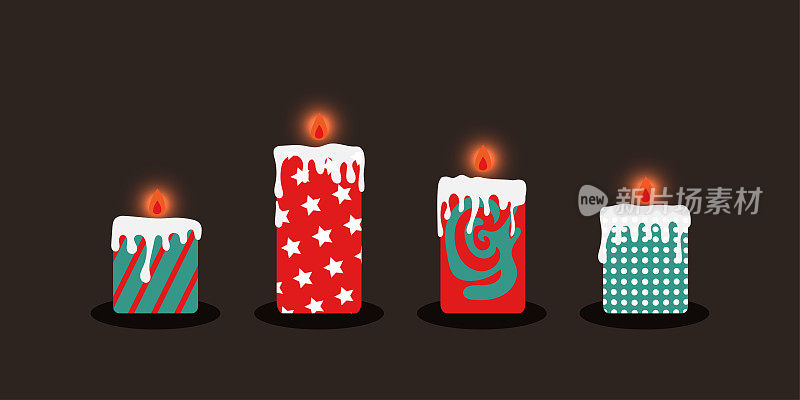 一组圣诞发光蜡烛在黑暗的背景与照明。红白绿蜡烛。有星星的蜡烛，点和手绘的抽象画。