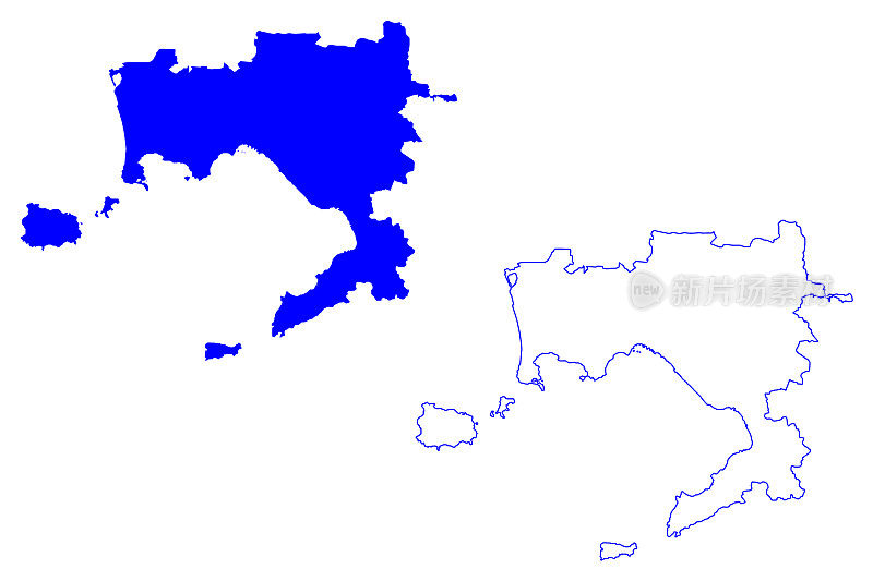 那不勒斯省(意大利，意大利共和国，坎帕尼亚地区)地图矢量插图，潦草草图的大都市那不勒斯地图