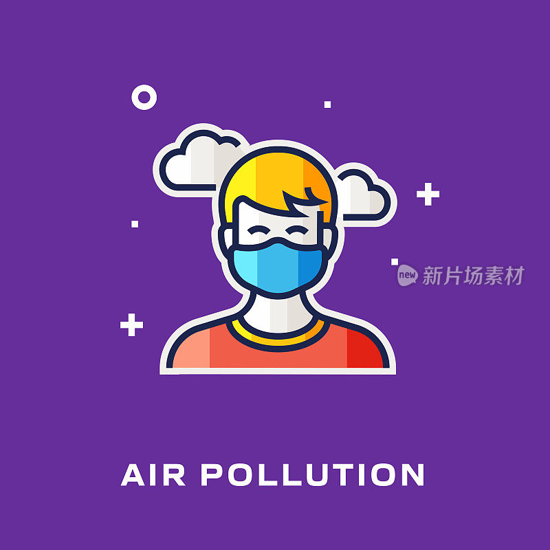 空气污染平坦线图标，轮廓矢量符号插图。