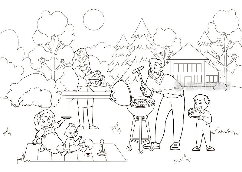 涂色书:快乐的家庭在房子附近的草坪上准备烧烤。妈妈，爸爸，女儿，儿子和婴儿在煎香肠。矢量插图卡通风格黑白色
