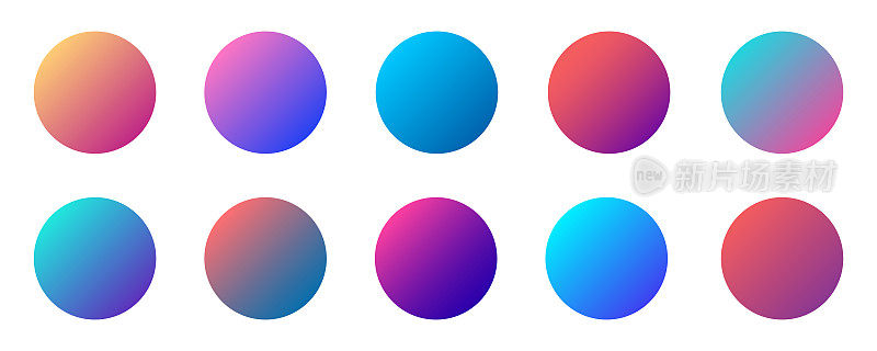 圆形全息渐变球按钮。多色流体圆梯度，彩色圆形按钮或生动的颜色球体矢量设置插图