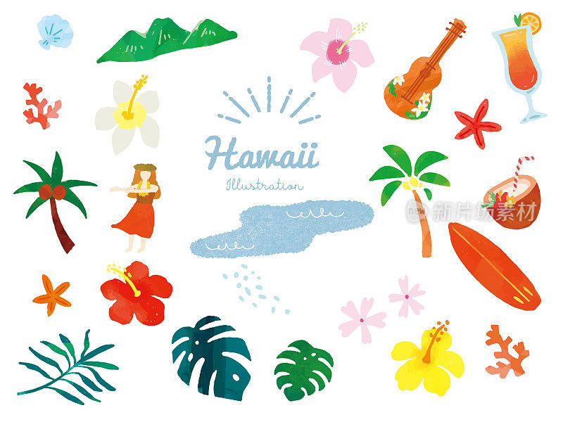 时尚和可爱的夏季主题插图(手写，热带，阿罗哈，夏威夷，时尚，旅游，草裙舞，尤克里里)时尚和可爱的夏季主题插图。手写，热带，阿罗哈，夏威夷