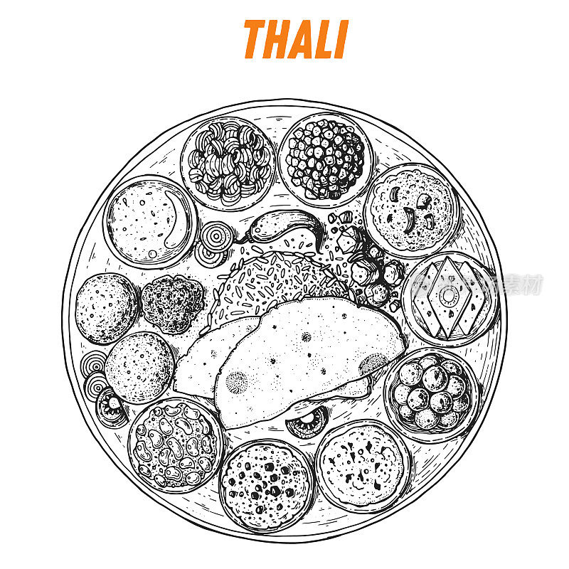 印度塔利小品，印度食物。手绘矢量插图。素描风格。前视图。的矢量插图。