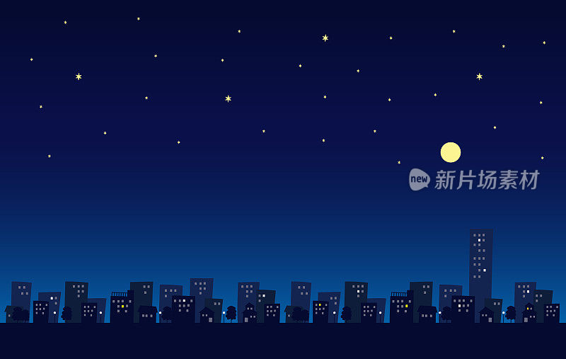 一个城市在满月时的午夜景象