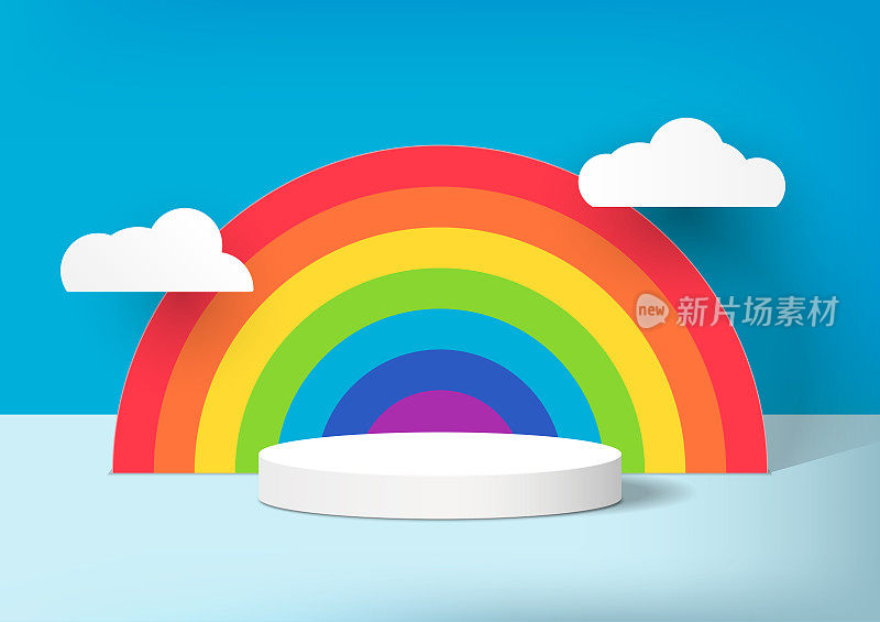 抽象的动画场景。舞台台上装饰着彩虹、云朵。3d底座，产品显示在浅蓝色的背景。矢量插图。