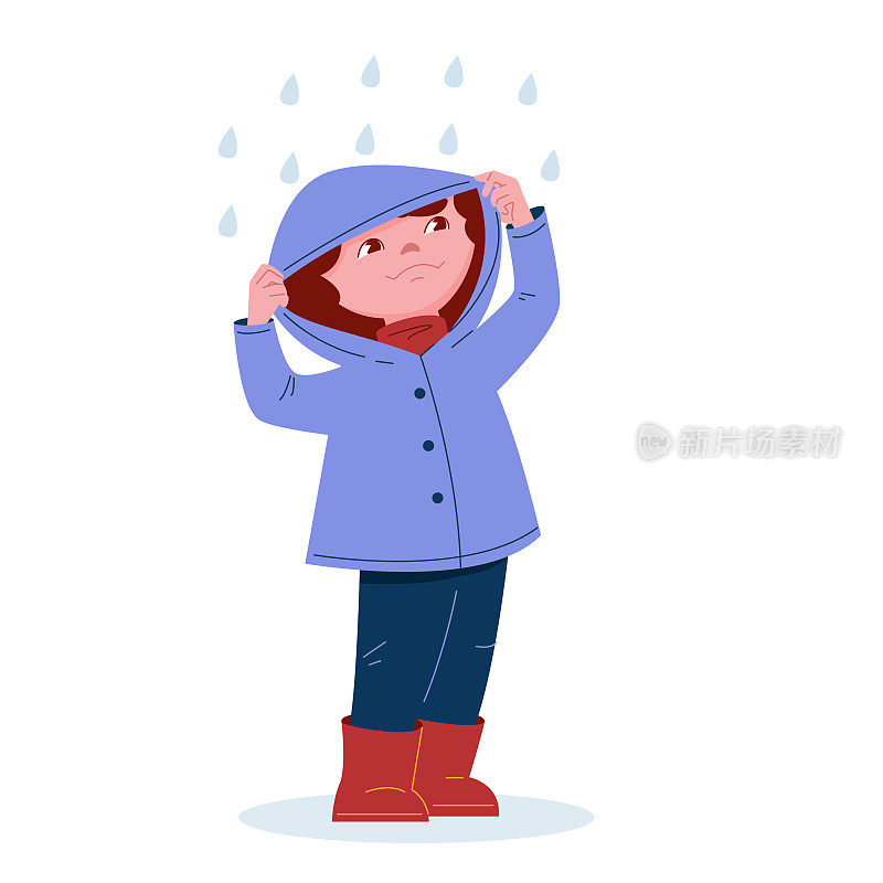 可爱的小女孩穿着雨衣戴着兜帽穿着橡胶靴在雨中。矢量插图在卡通风格。