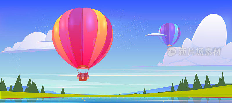 热气球在池塘、田野、岩石上空飞行
