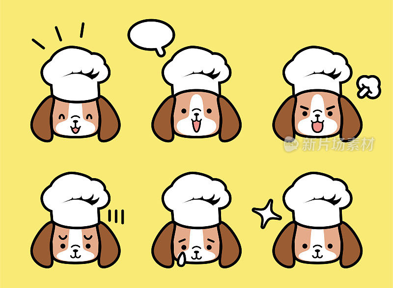 一组可爱的小狗戴着厨师帽，有六种颜色柔和的面部表情