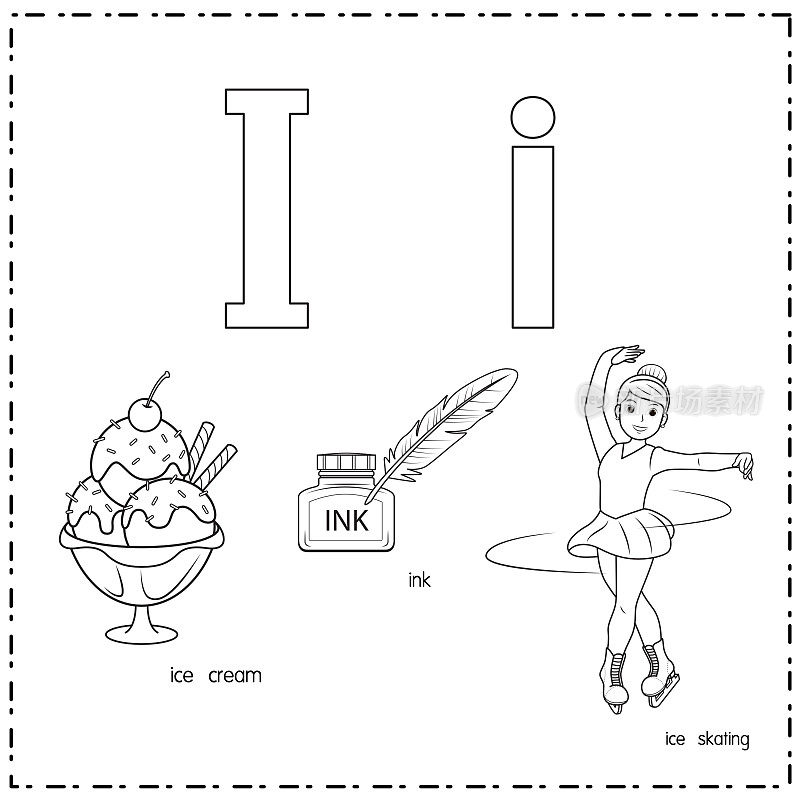 向量插图学习字母I的小写和大写的儿童与3卡通图像。冰淇淋墨水滑冰。