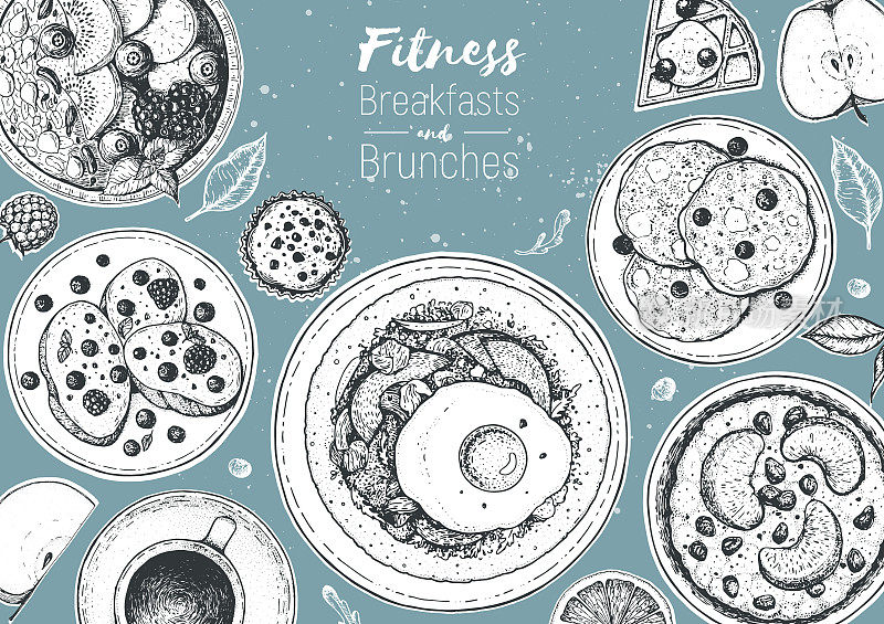 早餐顶视图框架。早餐菜单设计。早餐和早午餐菜肴收集。复古手绘草图，矢量插图。雕刻风格。