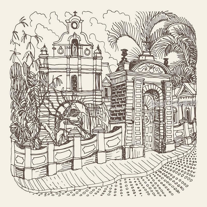 矢量手绘的梦幻城市景观与棕榈树、大门、教堂。在米色背景上的棕色涂鸦素描