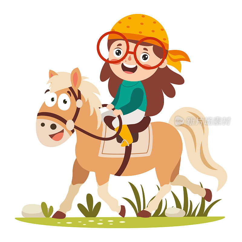 一个骑着马的孩子的卡通插图