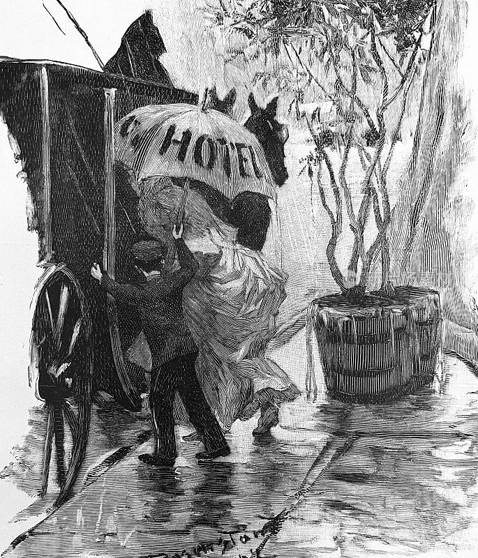 旅馆的搬运工为一个上了马车的妇女撑伞