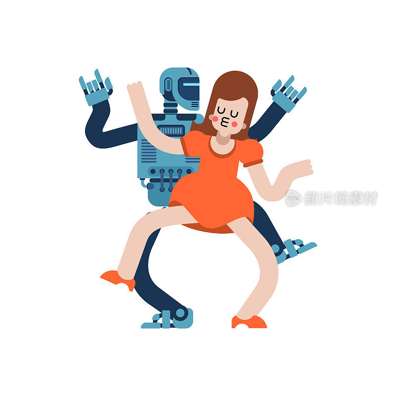 情人机器人跳舞。一对可爱的机器人和女孩。浪漫的浪漫关系。爱与机器人插画