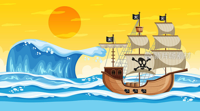 日落时的海洋场景与海盗船在卡通风格