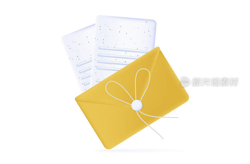 用黄色信封装的3d字母。收到信件的通知。消息，A4白纸上的新闻。接收，检查和查看电子邮件。有答案的明信片或一张纸。矢量图