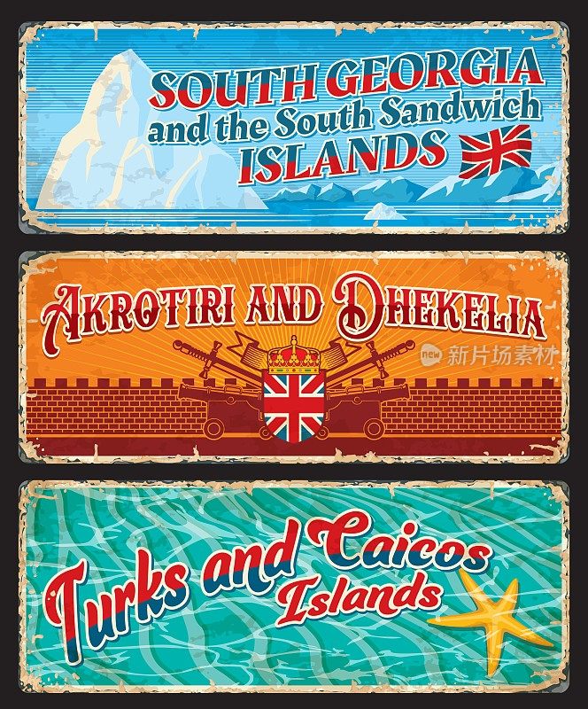 英国属地的旅行贴纸和锡牌