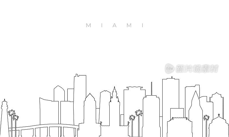 迈阿密天际线轮廓。新潮的模板与迈阿密城市建筑和地标在线的风格。股票向量设计。