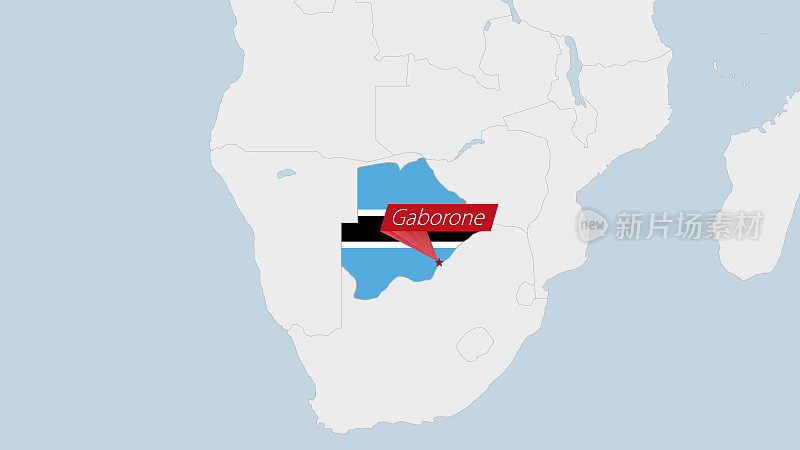 博茨瓦纳地图突出显示了博茨瓦纳国旗的颜色和国家首都哈博罗内的徽章。