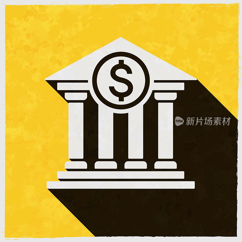 有美元符号的银行。图标与长阴影的纹理黄色背景