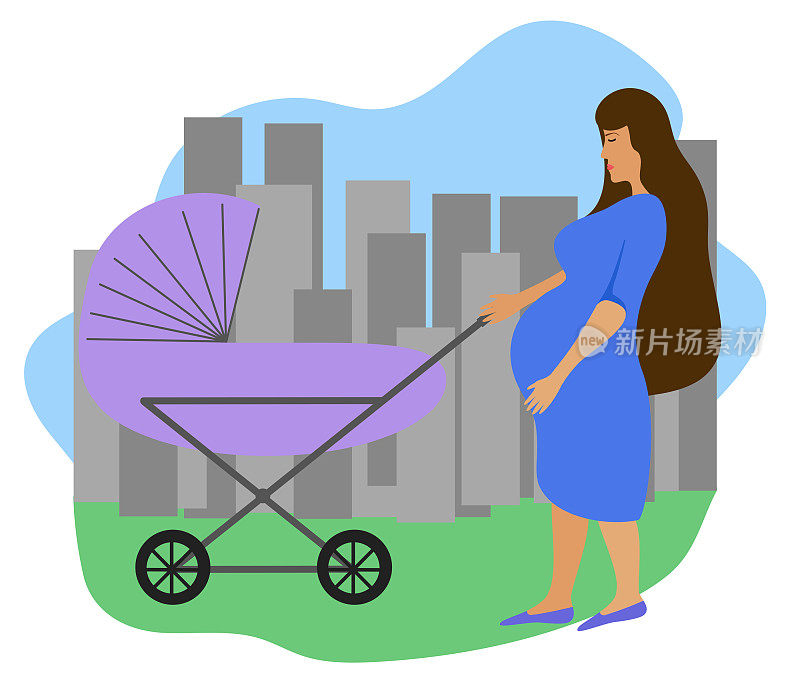 年轻的怀孕母亲走在婴儿车