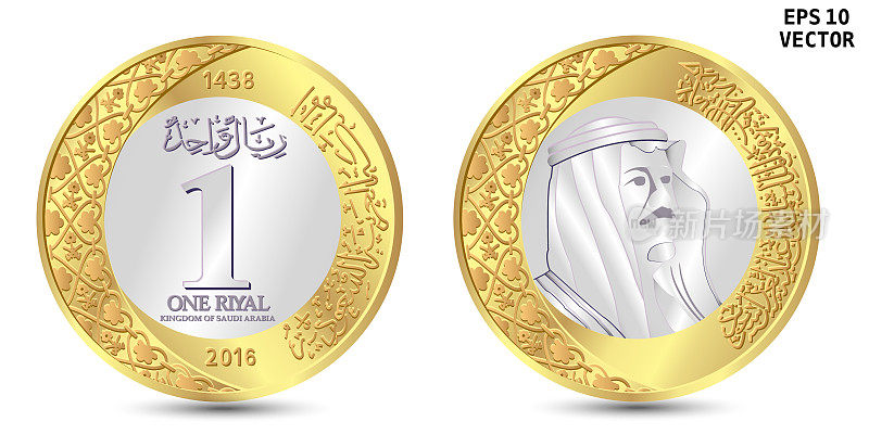 沙特阿拉伯里亚尔矢量币。背面插图画孤立在白色背景