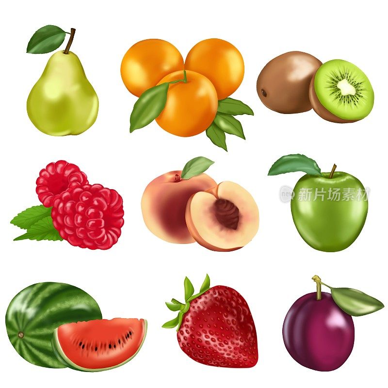 水果组画，梨，3个橘子，猕猴桃，覆盆子，桃子，苹果，西瓜，草莓，李子