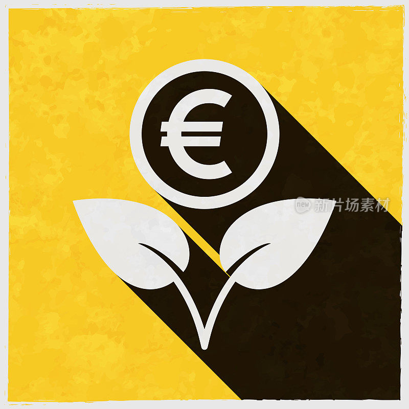日益增长的欧元。图标与长阴影的纹理黄色背景