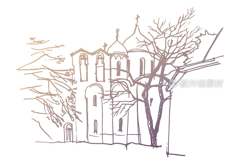 矢量描画手绘建筑景观，金色素描与教堂和钟楼墙在诺夫哥罗德市，俄罗斯