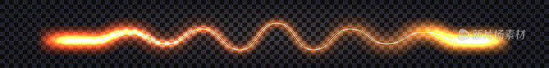 炽热炽热的发光电缆，电脉冲波漩涡，雷电，能量动力尾迹，激光束，在透明背景上旋转孤立曲线;矢量图