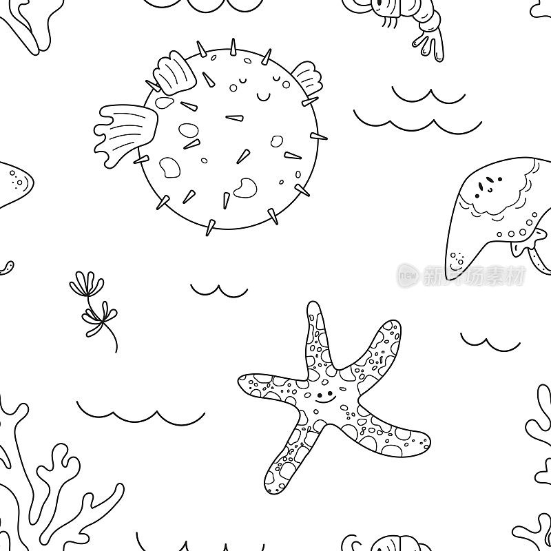 可爱无缝图案的海洋生物，河豚，虾，海星，海藻
