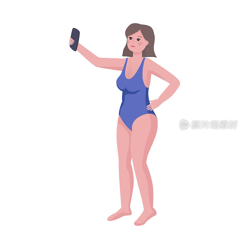 穿着泳装的女人自拍或录像。你好夏天，暑假，暑假好玩。手绘矢量插图。