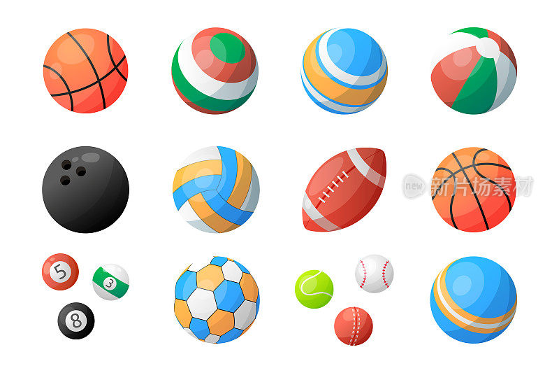 运动球。不同的手球图标的篮球，棒球或排球。板球运动。足球、高尔夫和足球器材。运动玩球。矢量插图集