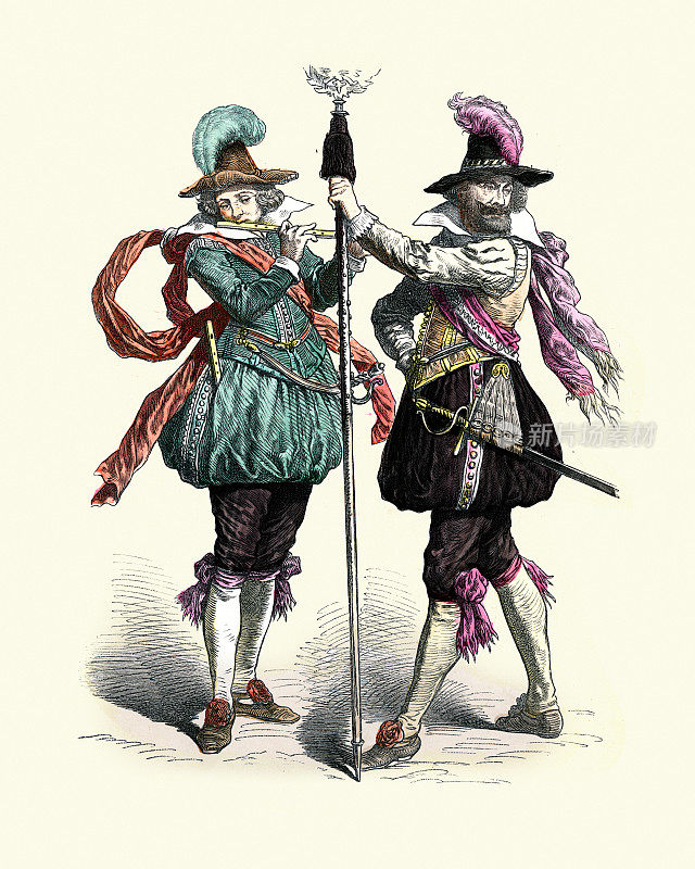 17世纪德国士兵，吹笛子的风笛手，军史制服