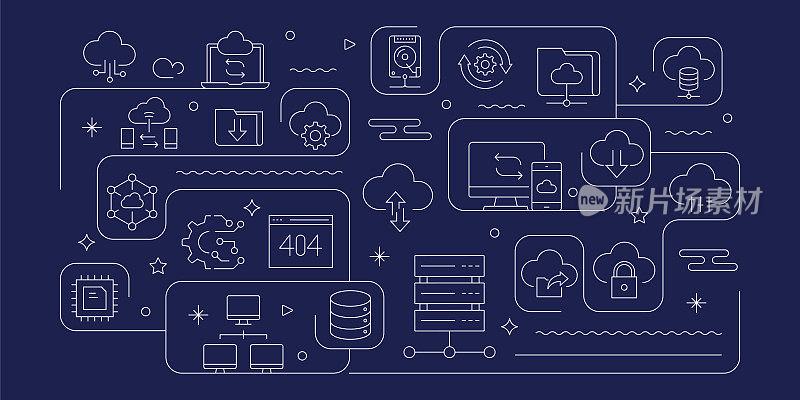 云计算相关矢量横幅设计概念，现代线条风格与图标
