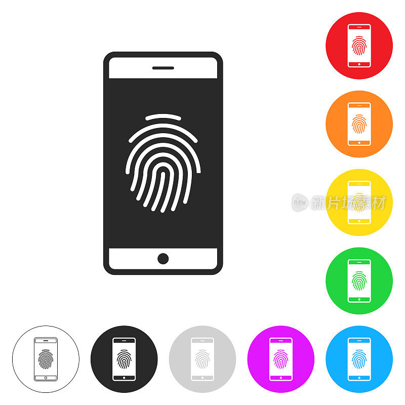 智能手机与指纹。彩色按钮上的图标