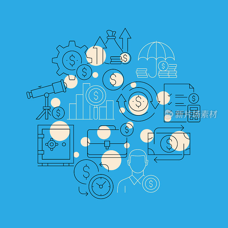 投资回报相关设计元素。使用大纲图标的模式设计。色彩斑斓的矢量图