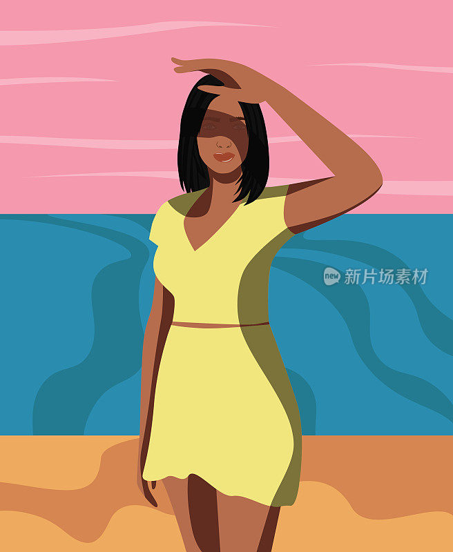 数码插图，一个明亮的女孩在海滩上覆盖她的脸从太阳在日落