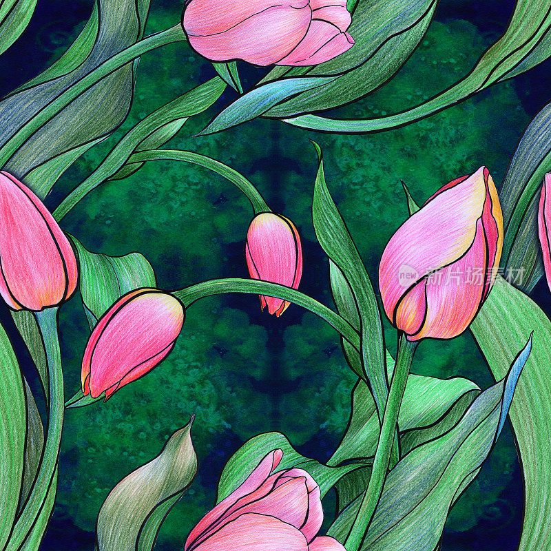花郁金香。无缝模式。在水彩背景上的花，叶和芽的拼贴。使用印刷材料，标牌，海报，明信片，包装。春天的花。