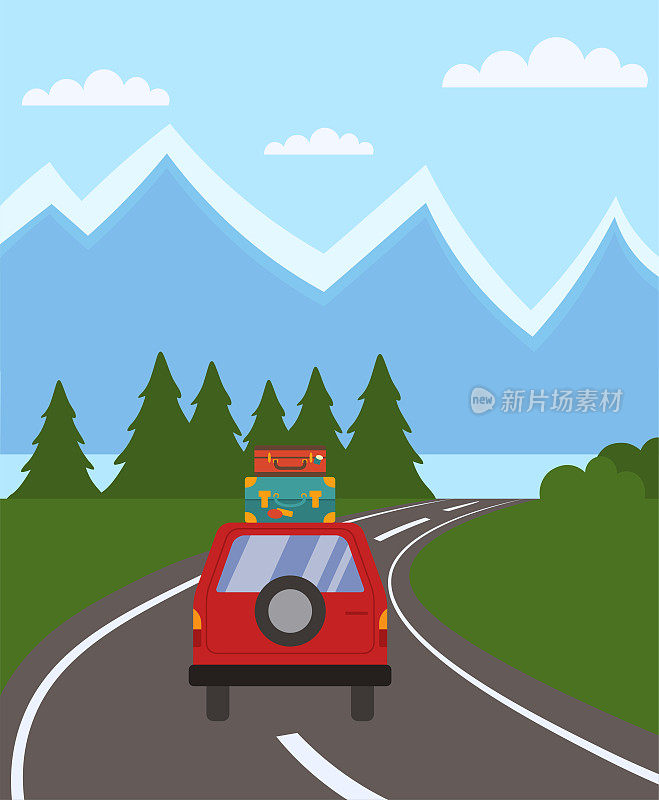汽车在路上的山景观矢量插图在平坦的风格