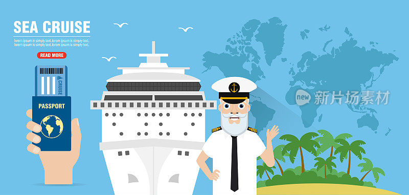海上邮轮旅行平面设计横幅与邮轮和船长
