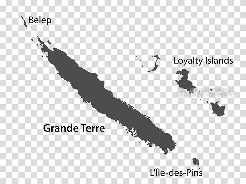 灰色的空白地图新喀里多尼亚。每个岛屿的地图都有标题。高质量的新喀里多尼亚地图与地区在透明背景为您的设计。大洋洲。EPS10。