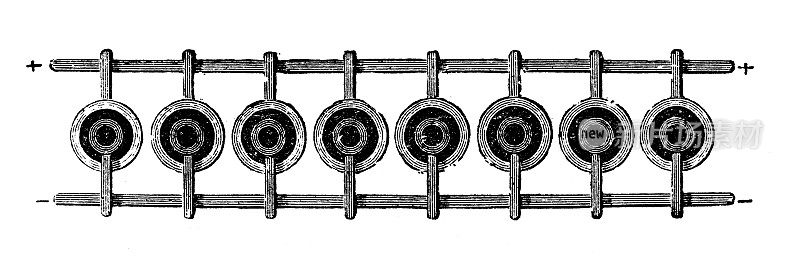 古董插画、物理原理与实验、电磁学:电池不同布局串联、并联